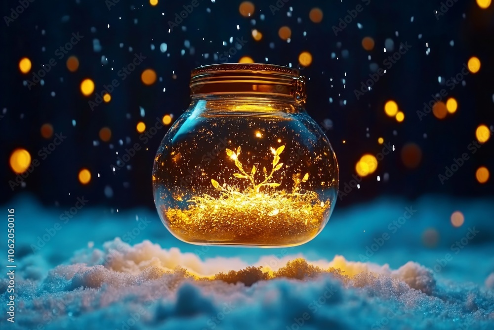 Poster fantasy-inspired scene of enchanted snow flurries with sparkling, magical light surrounding a snowy 