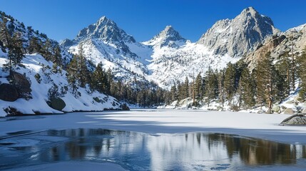 Frozen lake with snow-covered mountains in the background under a clear, bright winter sky, creating a picturesque winter scene