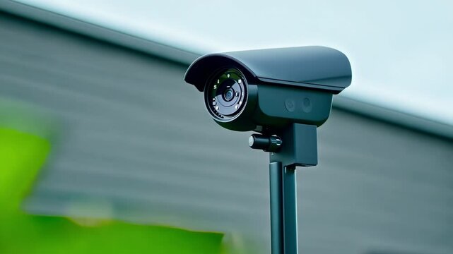Modern security camera monitor surroundings. Clear surveillance install outdoor. Safety technology, urban life. CCTV Video system installed on city street, scan the area, home external outside safety.