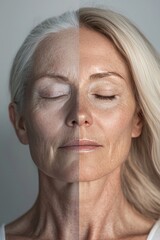 A high-quality, side-by-side portrait of a white woman showcasing the dramatic metamorphosis of her skin. The left side of the image depicts her aged, wrinkled skin