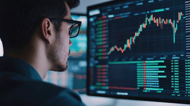 Analyst monitors financial trends using advanced trading software on multiple screens