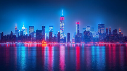 Fototapeta premium Night City Skyline with Neon Lights Reflection - Illustration