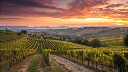 Scenic Sunset over Rolling Vineyards