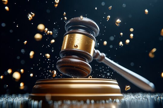Hyper-realistic close-up of a judgeâ€™s gavel striking, capturing the detailed and authoritative nature of judicial actions, symbolizing finality and precision