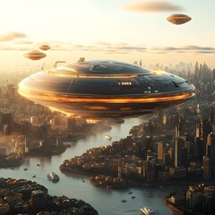 Futuristic Alien Spacecraft Hovering Over Glowing Cityscape at Sunset