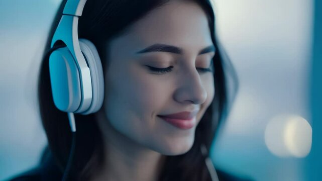 Happy young brunette woman enjoy listening music close up. Pretty girl use white headphones. Relaxed song for rest. Carefree female person listen podcast or book concept. Hi fi sound.