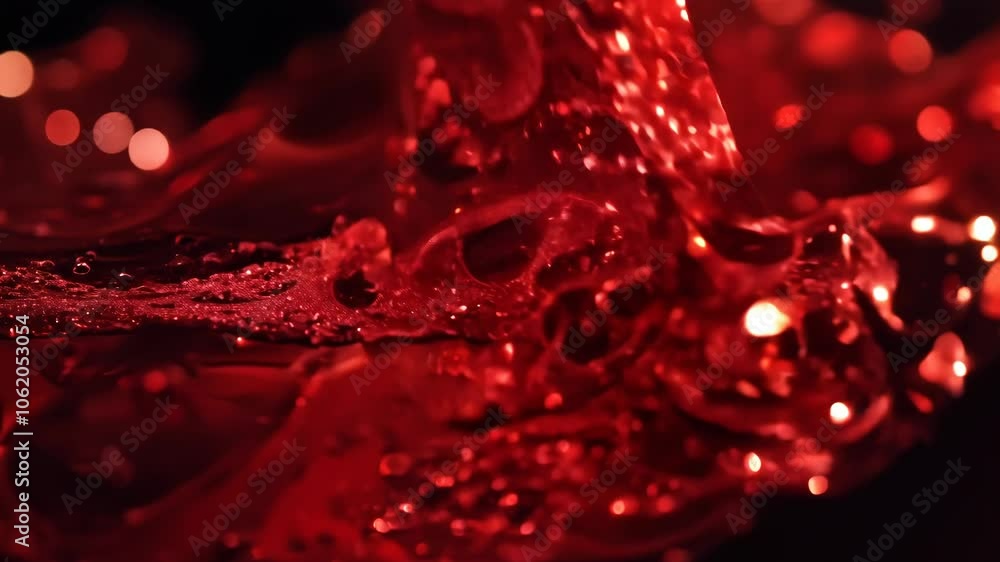 Poster Dynamic drops of red glitter in black oil or ink diffusing through liquid, creating an abstract aquatic swirls