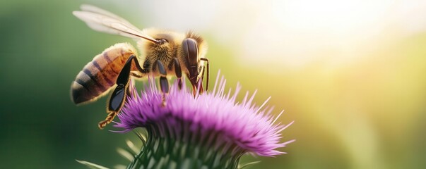 A close-up of a bee collecting nectar from a vibrant purple thistle flower, illuminated by warm sunlight.