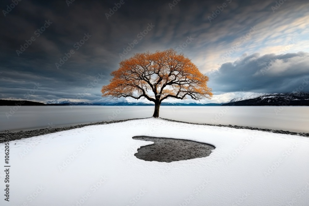 Poster minimalist depiction of flurries around a bare tree branch, capturing the soft and quiet look of win