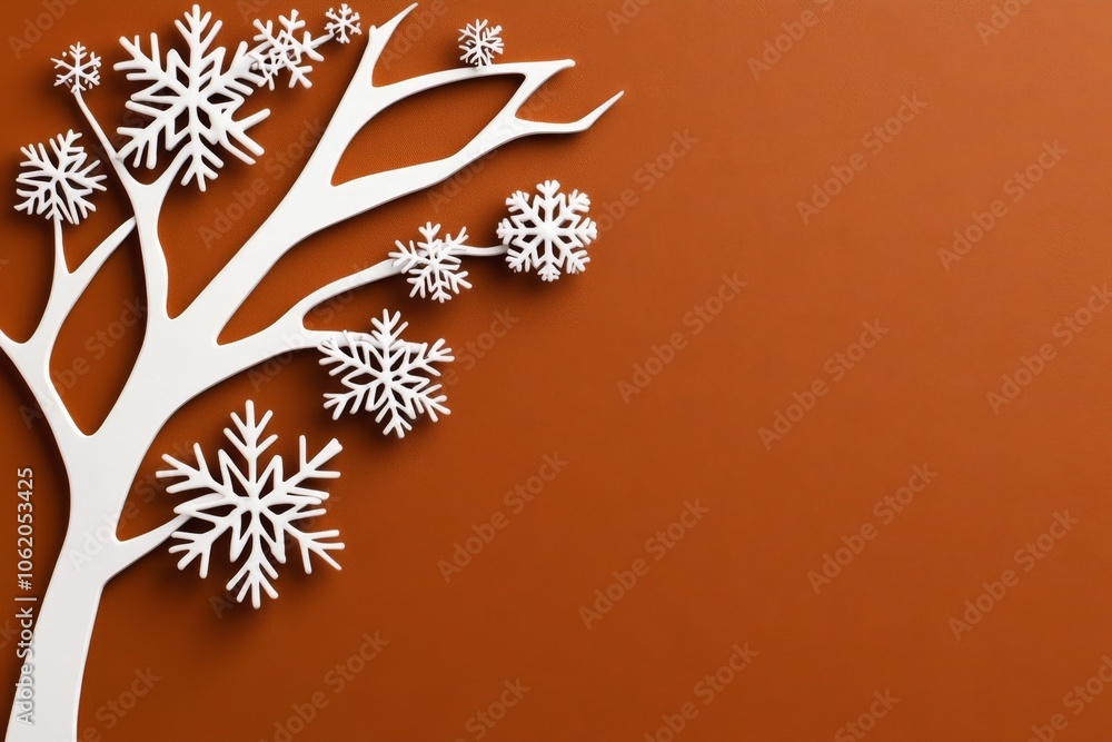 Poster minimalist depiction of flurries around a bare tree branch, capturing the soft and quiet look of win