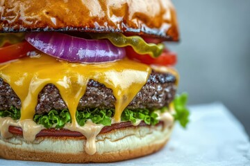 A mouthwatering cheeseburger topped with melted cheese, fresh vegetables, and a glossy bun, perfect for a delicious meal.