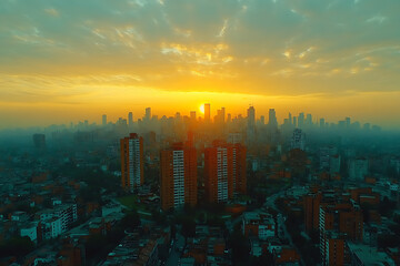 Fototapeta premium Aerial drone view of a cityscape with towering skyscrapers, capturing the modern urban landscape and vibrant city life from above. 