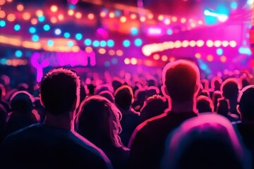 A vibrant crowd stands together in front of a stage illuminated by colorful lights, creating an energetic atmosphere full of anticipation and excitement.