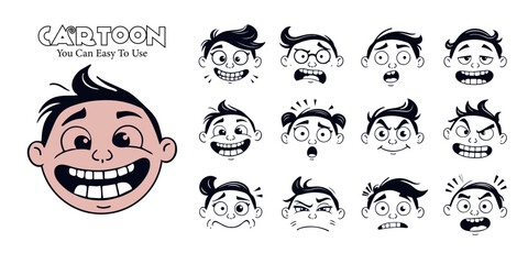 Cartoon faces expressions. Caricature comic emotions or emoticon doodle. Cartoon face expressions vector illustration icons set.