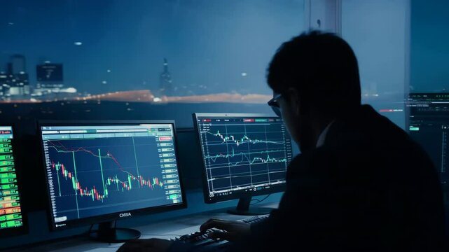 Man works at computer. Crypto stock market concept. Broker look at financial diagram. Digital trader invest money. Business investor analyze profit data. Businessman online work. Finance graph growth.