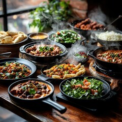 A vibrant display of various steaming dishes, including colorful vegetables and meats, arranged on a rustic wooden table, creating an inviting culinary scene.