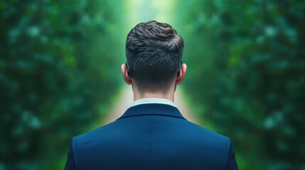 A professional man stands at the crossroads of nature and ambition contemplating his next steps