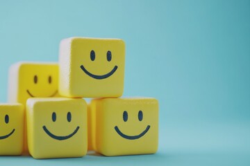 Cheerful Yellow Cubes with Smiley Faces on Blue Background