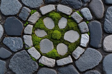 Old stone drain with moss growing around, capturing the blend of nature and infrastructure with a rustic look, symbolizing resilience and change