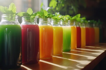 Fresh Juices in Glass Jars with Mint Leaves