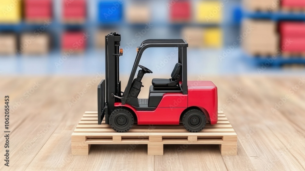 Poster forklift stacking crates in large warehouse environment