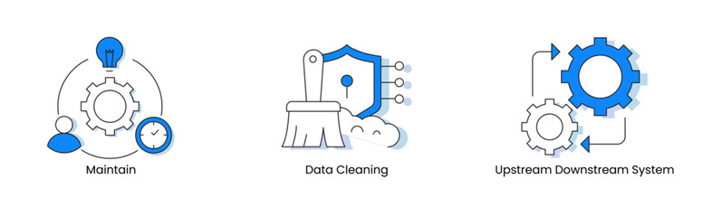 Data Management Essentials. Icons Included: Data Cleaning, Upstream Downstream System, Maintain
