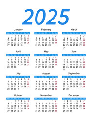 Simple design of new calendar 2025 in blue color