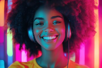 Vibrant Portrait of a Smiling Woman with Headphones