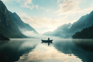 Fototapeta premium Serene Fisherman on Calm Mountain Lake at Sunrise