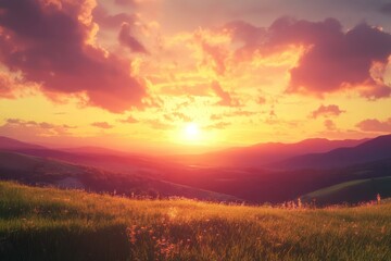 Naklejka premium Serene Sunset Over Rolling Hills and Vibrant Sky
