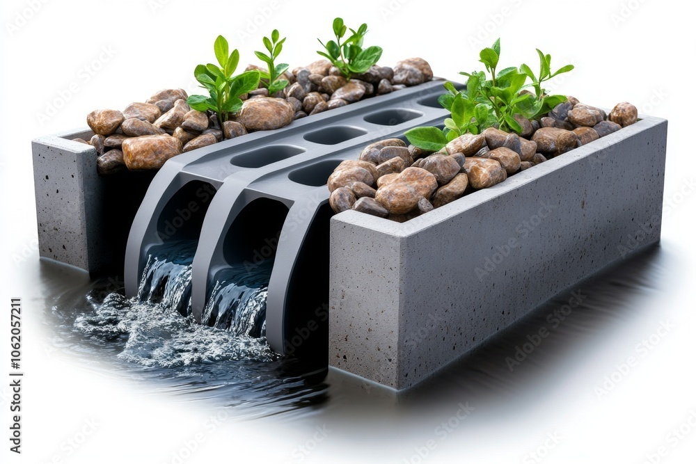 Poster simple 2d drawing of a street drain with water flowing in, capturing the practical and structured na