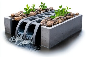 Simple 2D drawing of a street drain with water flowing in, capturing the practical and structured nature of drainage systems, symbolizing function and clarity