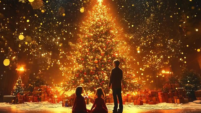 A man standing in awe, admiring a large, illuminated Christmas tree, capturing the wonder and beauty of the holiday season.
