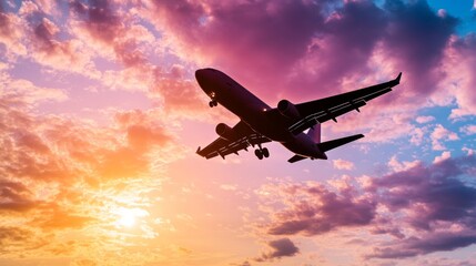 Airplane Silhouette Against Sunset Clouds   Travel  Flight  Aviation