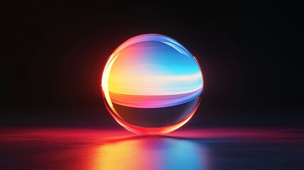 A vibrant glass sphere reflecting dynamic colors on a dark background, showcasing an interplay of light and subtle textures.