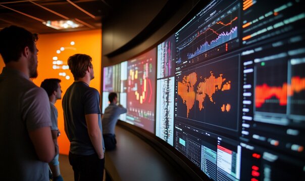 A group of four men stand in front of a large curved screen displaying graphs and data.  The men are looking at the screen and seem to be discussing the information being displayed.