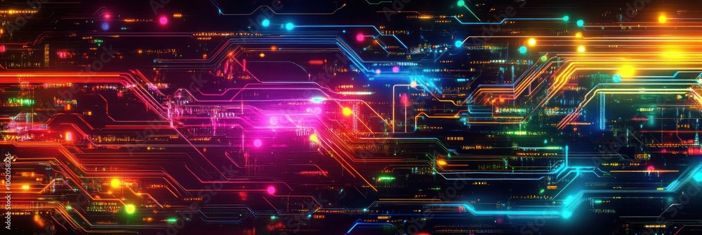 Poster abstract futuristic digital network with glowing lines and dots on black background.