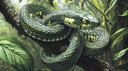 A Green Snake Coiled Around a Tree Branch in a Lush Jungle