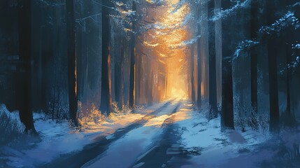 Winter forest path lined with tall, frosty trees and a light dusting of snow, leading to a soft, glowing light in the distance