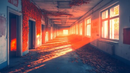 Naklejka premium Abandoned Building Corridor with Red Leaves and Sunlight