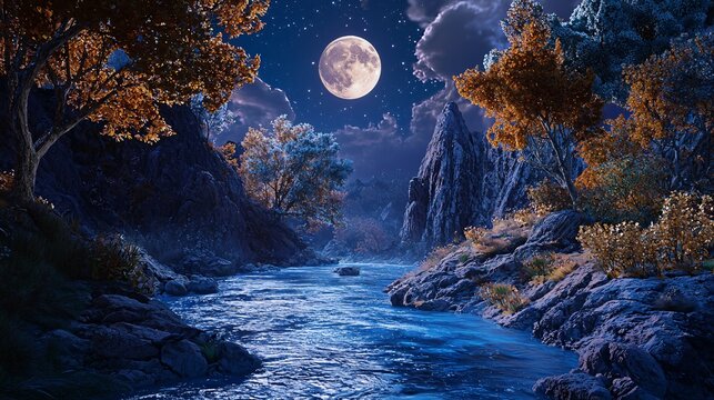 A serene night scene with a glowing full moon illuminating a tranquil river, surrounded by lush trees and rocky terrain under a starry sky.