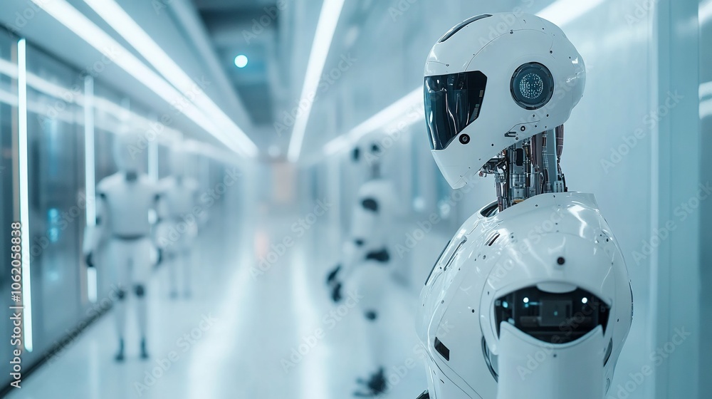 Poster a group of humanoid robots stand in a futuristic hallway with sleek white walls and bright lighting.