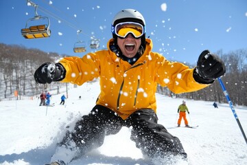 Snow flurries on a hillside with ski tracks, capturing the lively and adventurous side of a winter day in the mountains, symbolizing excitement and freshness