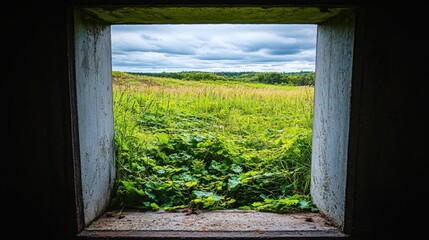 Rustic Window View of Green Field and Cloudy Sky