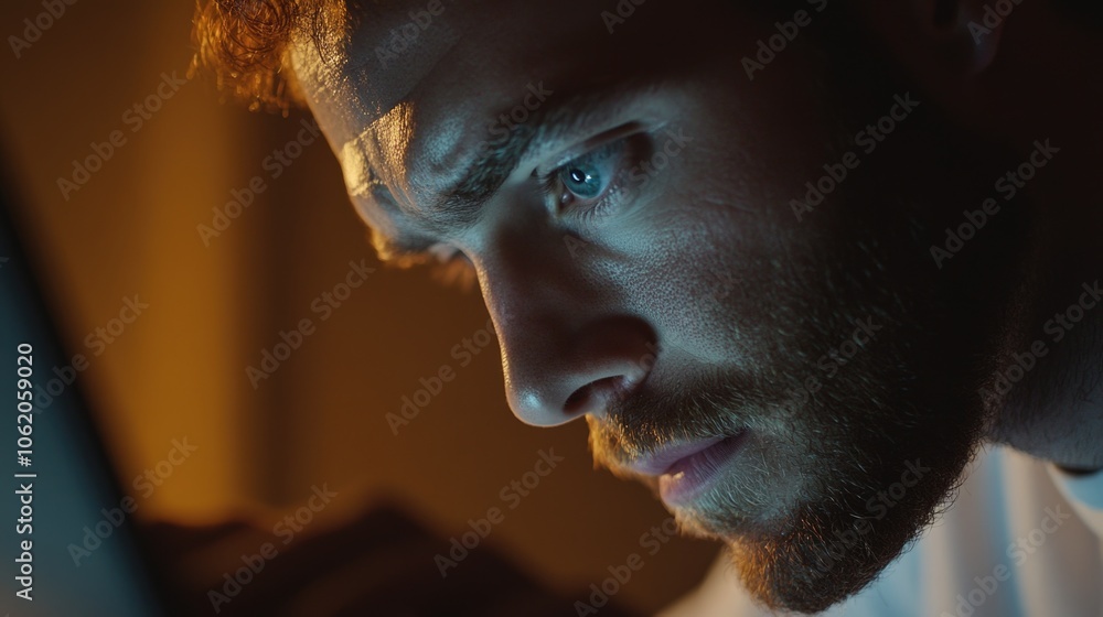 Poster man with a beard is looking at a computer screen. concept of focus and concentration as the man star