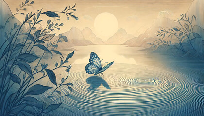 "Calming Rhythms: Uma Borboleta e a Tranquilidade de um Lago"