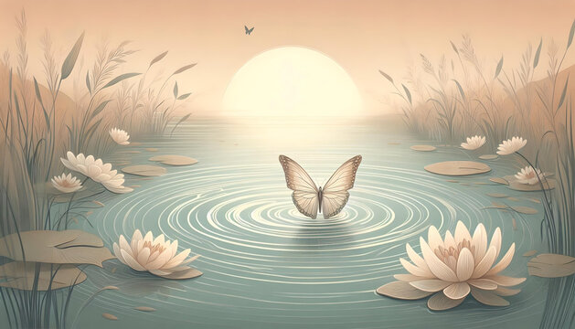 "Calming Rhythms: Uma Borboleta e a Tranquilidade de um Lago"