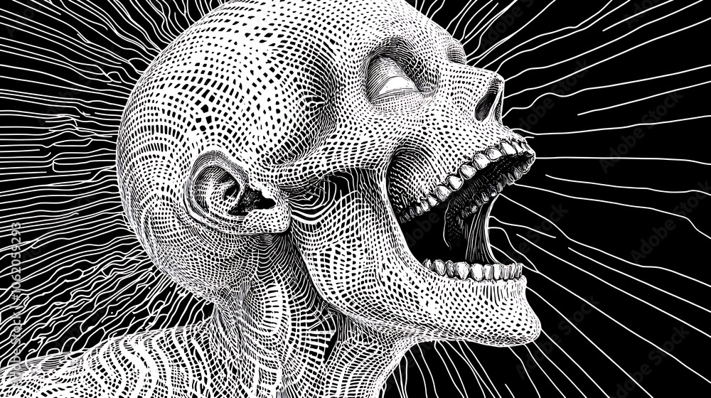Poster screaming skull with kaleidoscopic patterns