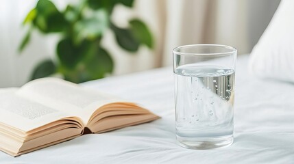 Glass of water and calming book beside bed, signifying sleep and hydration, hydration sleep wellness