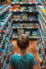 Obraz premium A young boy stands in an aisle of a toy and hobby game store, looking at the shelves filled with board games, card games, video games, and puzzles.